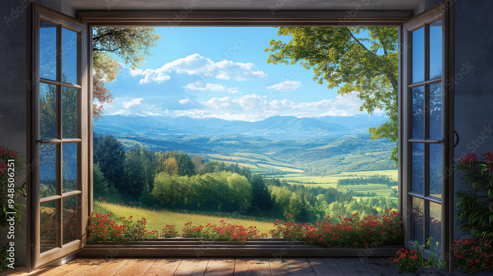 A window with a view of a mountain range and a field of grass A window with a view of a mountain range and a field of grass