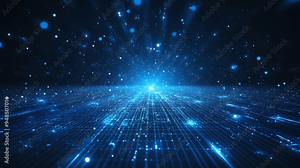Fototapeta premium Abstract digital blue data space background with glowing light points and lines, representing technology and future innovation.