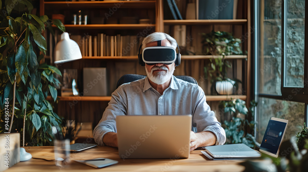 Senior Man Using VR Headset While Working on Laptop in Office Senior Man Using VR Headset While Working on Laptop in Office