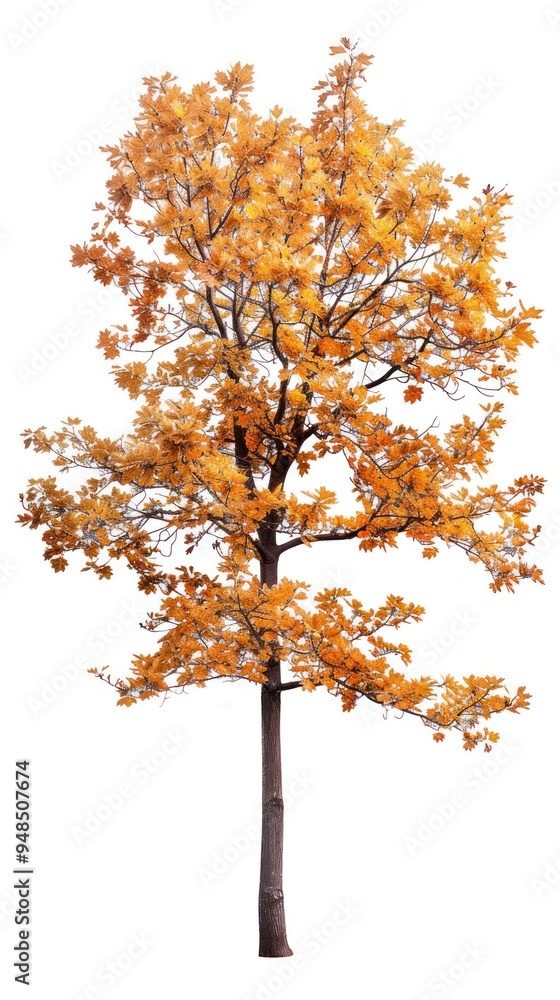 Naklejka premium An oak tree full of golden colored leaves isolated on a white background.