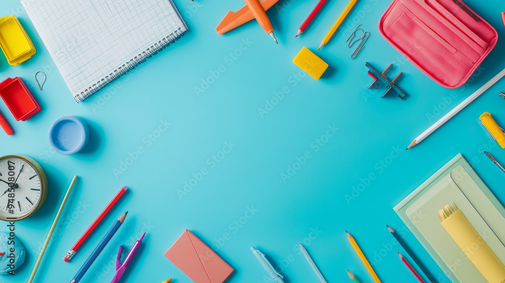 Top view of a well-organized drawing station featuring bright stationery, a pencil case, pens, a sketchbook, plasticine, a stapler, scissors, and a clock, all on a soft blue backdrop Top view of a well-organized drawing station featuring bright stationery, a pencil case, pens, a sketchbook, plasticine, a stapler, scissors, and a clock, all on a soft blue backdrop