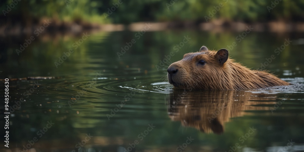 Tranquil capybara enjoying a swim in a serene pond. Tranquil capybara enjoying a swim in a serene pond.