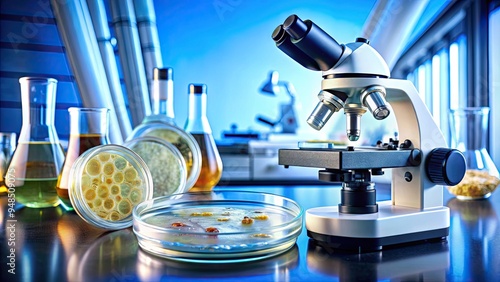 Microscopic view of a petri dish containing a biological specimen, surrounded by laboratory equipment, with a magnifying glass and microscope in the background. photo