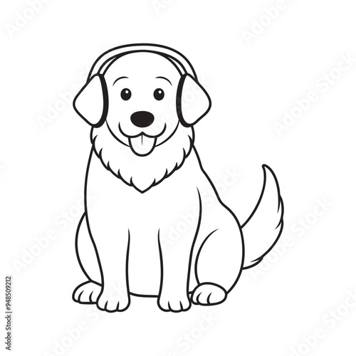 A delightful and vibrant illustration of a cheerful golden full body retriever with headphones, appears to be enjoying some lively music as it sits on a clean, white background.