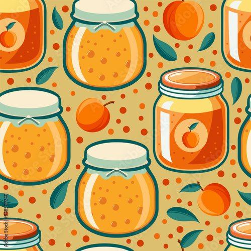 seamless pattern with glass jars with peach jam