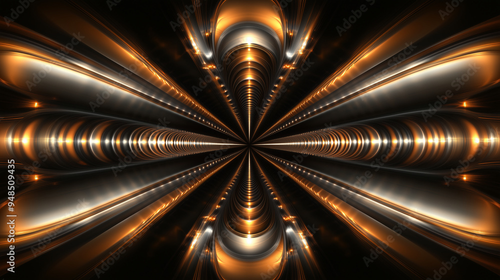 A symmetrical pattern of light beams forming an oval, radiating from the center with golden and silver hues against a black background. The design creates an illusion that these li A symmetrical pattern of light beams forming an oval, radiating from the center with golden and silver hues against a black background. The design creates an illusion that these li