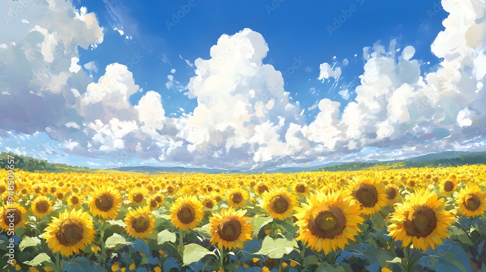 Obraz premium 64. **A field of vibrant sunflowers with a blue sky and fluffy clouds overhead.