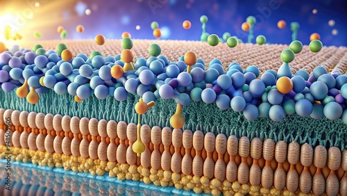 Microscopic view of cell membrane structure, illustrating semi-permeable lipid bilayer with embedded proteins, regulating molecular transport and maintaining cellular integrity.