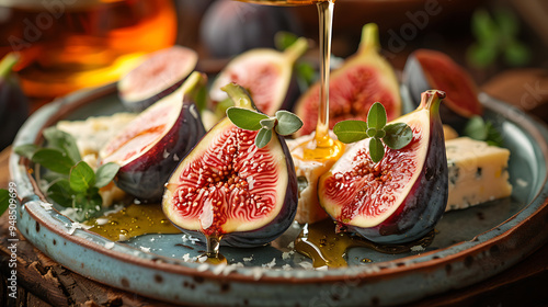 Obraz na płótnie figs cut in half, drizzled with honey, served with cheese w salonie