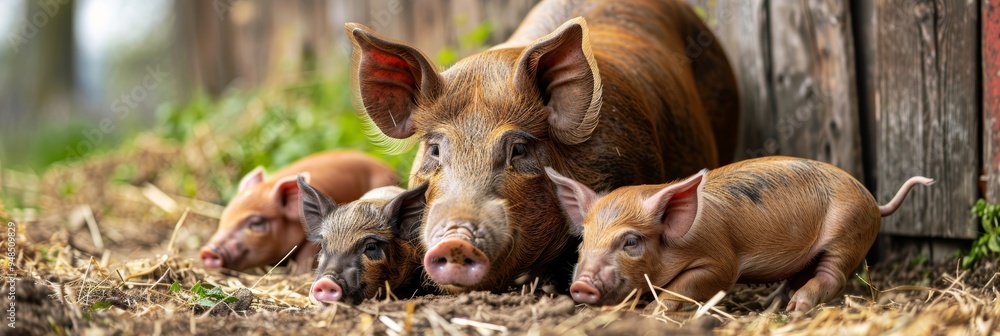 Eco-friendly domestic farm with healthy pigs and piglets in a ...