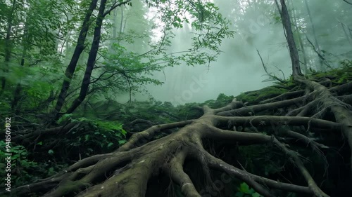 A misty forest unfolds, showcasing lush greenery and prominent tree roots. Soft light filters through the canopy, fostering a tranquil and peaceful ambiance in nature.