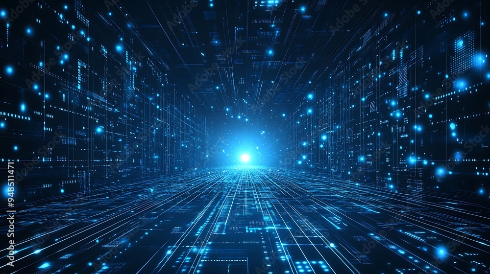 Obraz premium Digital data stream in a futuristic cyber space background. Concept of big data, blockchain, and advanced technology.