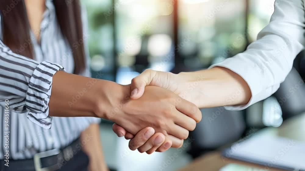 two individuals shaking hands, symbolizing a greeting or agreement. One wears a striped shirt sleeve, while the other has a rolled-up white sleeve, set in a professional environment. two individuals shaking hands, symbolizing a greeting or agreement. One wears a striped shirt sleeve, while the other has a rolled-up white sleeve, set in a professional environment.