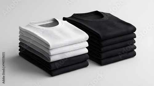 Minimalist T-shirt Stack: A mockup of neatly folded black and white square t-shirts, arranged in a stack on a crisp white background, showcasing clean lines and simplicity.