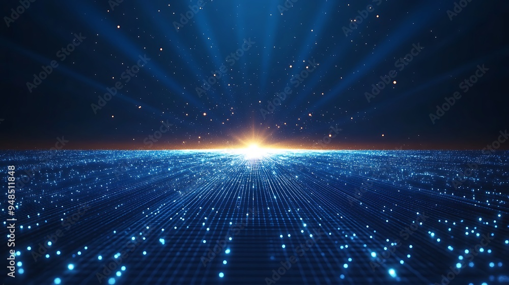 Obraz premium Digital sunrise over a futuristic landscape with glowing grid and light rays, symbolizing technology and innovation.