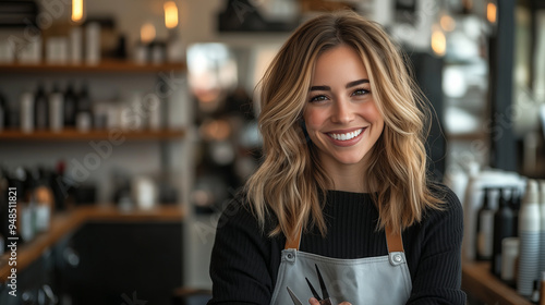 A beautiful female hairdresser with shoulder-length blonde, wavy hair, wearing an apron and a black sweater, smiles while holding scissors in her hands, standing at the salon desk