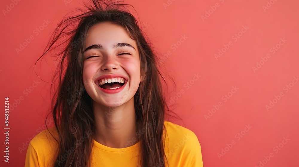 Unbridled Joy: A young woman's infectious laughter fills the frame, her genuine happiness radiating against a vibrant coral backdrop. Unbridled Joy: A young woman's infectious laughter fills the frame, her genuine happiness radiating against a vibrant coral backdrop.