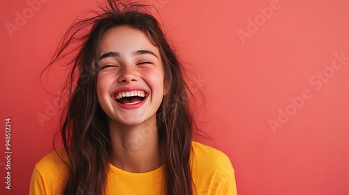 Unbridled Joy: A young woman's infectious laughter fills the frame, her genuine happiness radiating against a vibrant coral backdrop. 