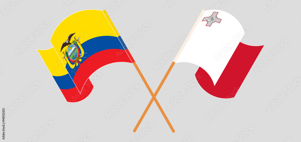 Crossed and waving flags of Republic of Ecuador and Malta Crossed and waving flags of Republic of Ecuador and Malta