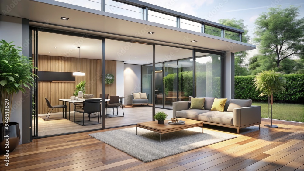 Minimalist living room floor plan illustration featuring sliding glass ...