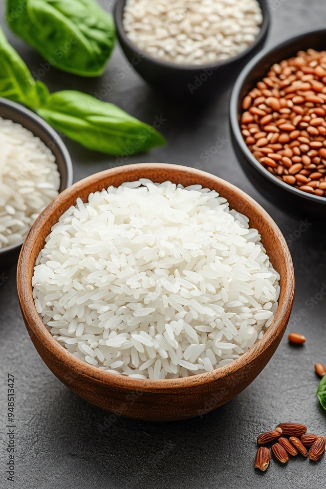 Close-up of white rice in a wooden bowl, with other types of rice and basil leaves in the background.