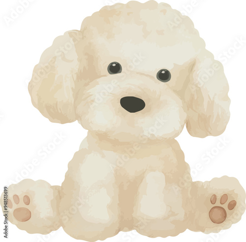 Vector, puppy, fluffy dog, toy, plush toy, gift, gift toy, present, festive, toy for birthday, icon. Watercolor illustration, Greeting cards, invitation, party, baby shower, birthday, event, holiday, 