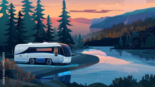 A modern camper van parked by a river, surrounded by a forest at sunset.