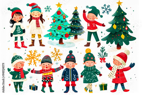 Set of vectors. Children characters at Christmas, with gift boxes and Christmas trees.