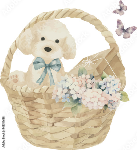 Vector, dog into basket, fluffy dog, toy, plush toy, gift, gift toy, present, festive, toy for birthday, icon. Watercolor illustration, Greeting cards, invitation, party, baby shower, birthday, event,