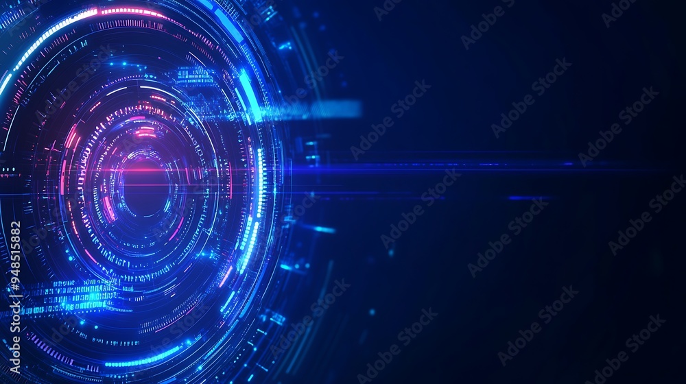 Obraz premium Futuristic digital interface with blue and red circular elements on a dark background, representing advanced technology concepts.