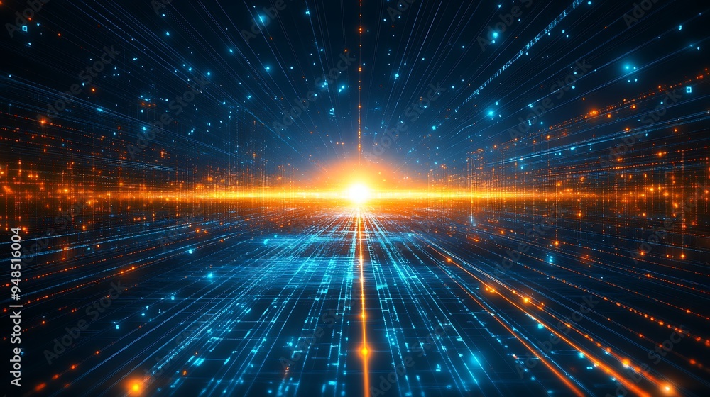 Fototapeta premium Futuristic digital landscape with a bright horizon, depicting abstract data flow and technology. Ideal for tech concepts and innovation themes.