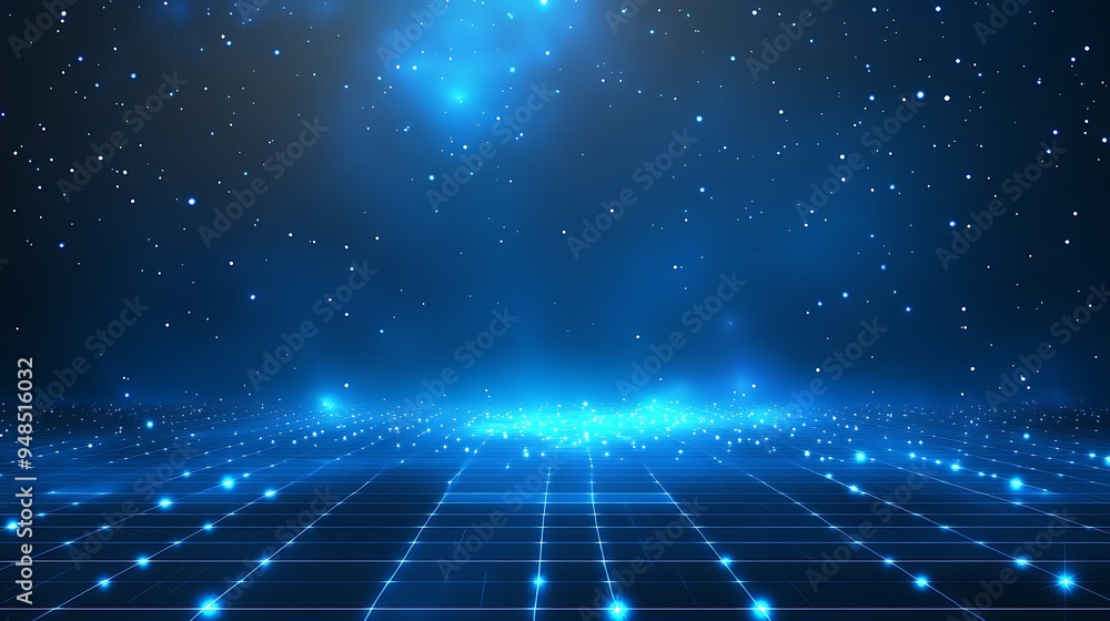 Obraz premium Futuristic digital landscape with a glowing grid and stars, depicting technology and virtual reality in a cosmic space background.