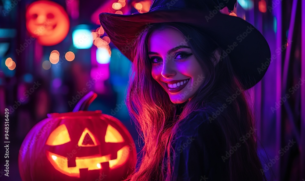 Stylish Witch with Jack-o'-Lantern on Halloween Night, Surrounded by Neon Lights in a Festive Urban Setting, Embracing the Spooky Vibe with a Touch of Glamour Stylish Witch with Jack-o'-Lantern on Halloween Night, Surrounded by Neon Lights in a Festive Urban Setting, Embracing the Spooky Vibe with a Touch of Glamour