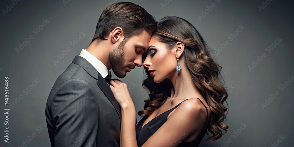 Romantic pair, elegantly dressed, lost in a tender, passionate embrace, their love shining bright against a clean, minimalist gray background, exuding luxury and intimacy. Romantic pair, elegantly dressed, lost in a tender, passionate embrace, their love shining bright against a clean, minimalist gray background, exuding luxury and intimacy.