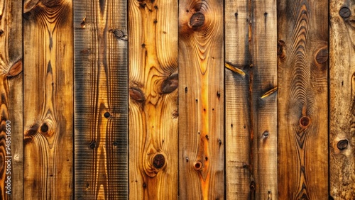 Rustic wooden plank wall background featuring weathered wooden planks, knots, and natural textures, evoking a sense of natural beauty and outdoor charm. photo