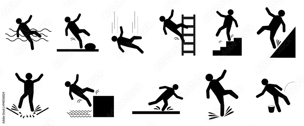 Set of caution symbols with stick figure man falling. Falling down the stairs and over the edge. Wet floor, tripping on stairs. Workplace safety. Vector illustration. Set of caution symbols with stick figure man falling. Falling down the stairs and over the edge. Wet floor, tripping on stairs. Workplace safety. Vector illustration.