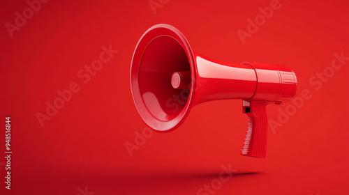 Vector illustration of a 3D realistic red plastic megaphone against a red background. 