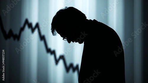 金融危機の中で深く考え込む男性のシルエットと暗い背景