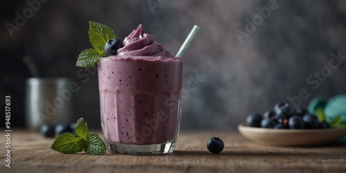 Refreshing blueberry smoothie with whipped cream mint.