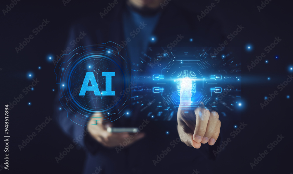 Businessman strategically integrating AI-powered cyber security solutions into the company's digital framework, ensuring comprehensive protection of confidential data, mitigating risks.