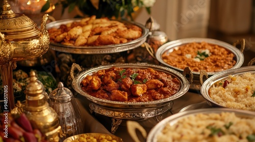 An elaborate Indian food spread including chicken tikka masala, tandoori chicken, and starters, set on an elegant table for a feast.