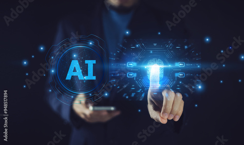 Obraz na płótnie Businessman strategically integrating AI-powered cyber security solutions into the company's digital framework, ensuring comprehensive protection of confidential data, mitigating risks. w salonie