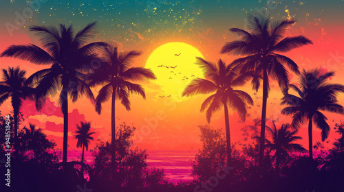 Vector illustration of a sunset with palm trees against a vibrant background. 