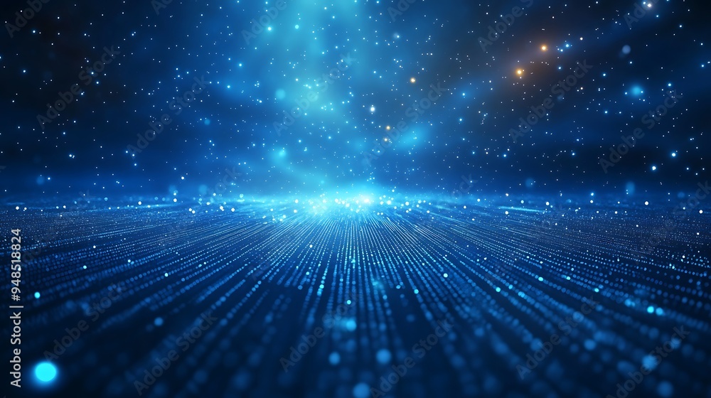Fototapeta premium Futuristic digital landscape with glowing blue lights and stars, conveying innovation and technology in a mesmerizing visual display.