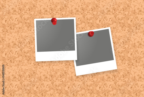  set 2 square polaroids with thumbtack pin on coakboard