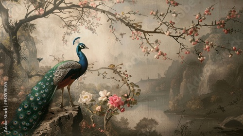 Image of a beautiful peacock with a beautiful tail perched on a branch of a flower in a blurry forest background. Vector illustration