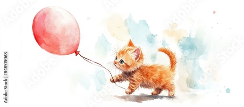 Watercolor illustration of an adorable kitten with a balloon photo