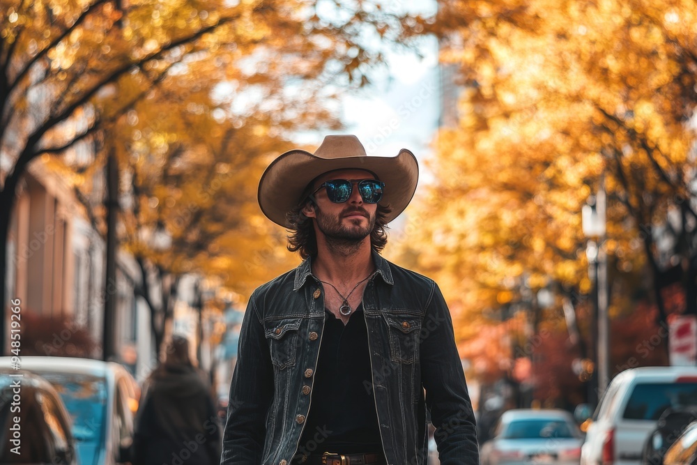 A stylish man, wearing a cowboy hat and trendy sunglasses, strolls through a vibrant autumn landscape, showcasing his unique western flair and charm in this picturesque fall setting A stylish man, wearing a cowboy hat and trendy sunglasses, strolls through a vibrant autumn landscape, showcasing his unique western flair and charm in this picturesque fall setting