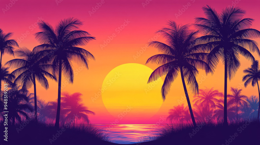 Vector illustration of a sunset with palm trees against a vibrant background. Vector illustration of a sunset with palm trees against a vibrant background.