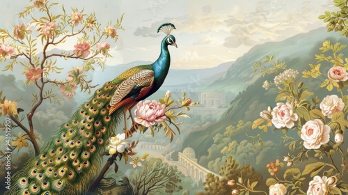 Image of a beautiful peacock with a beautiful tail perched on a branch of a flower in a blurry forest background. Vector illustration